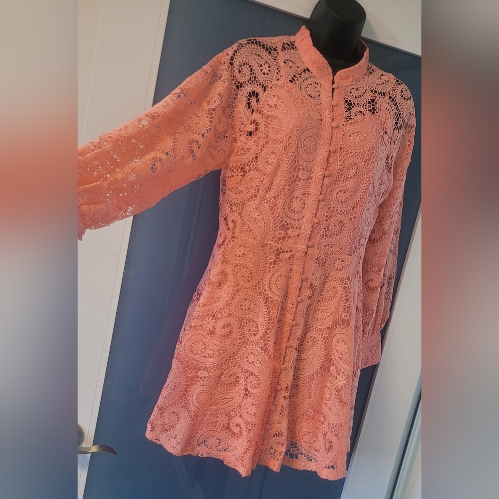 DRESS Peach Crochet Lace Button-Front Tunic SIZE L - Picture 3 of 17